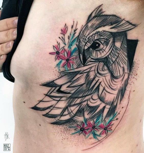 Long Feathered Owl Tattoo Womens Torso