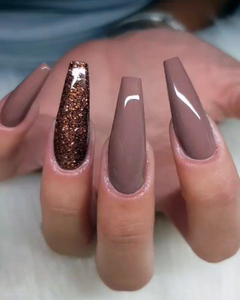 Long Ginger Brown Nails With Glitters For Women