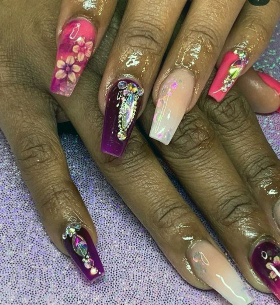 Long Glossy Nails With Sparkles Women