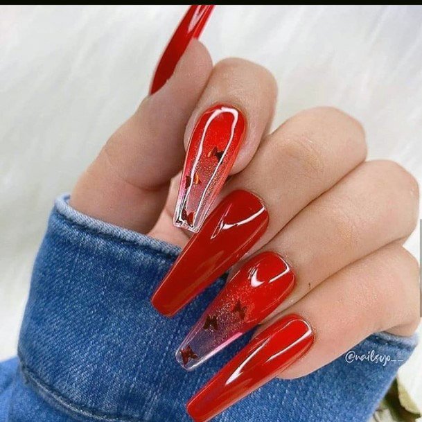 Long Glossy Tomato Red Nails Women