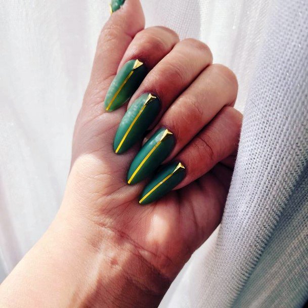 Long Green Nails With Vertical Gold Line Art For Women