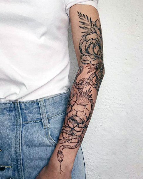 Long Grey Snake Flower Tattoo Womens Full Sleeves