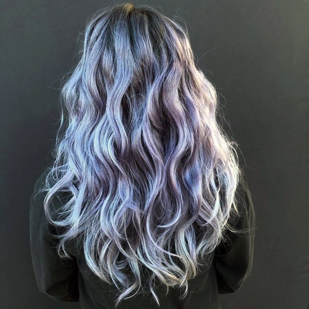 Long Grey White Hair With Purple Highlights Throughout Wavy Textured