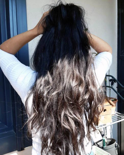 Long Hair Ombre Black Roots And Grey Ends Full Volume For Women