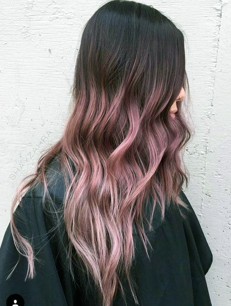 Long Hair Wavy Ombre Tri Layers Black To Medium Pink To Light Pink