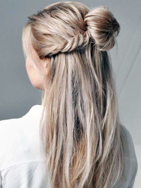 Long Haired Female With Icy Blonde Hair Pull Back With Half Up