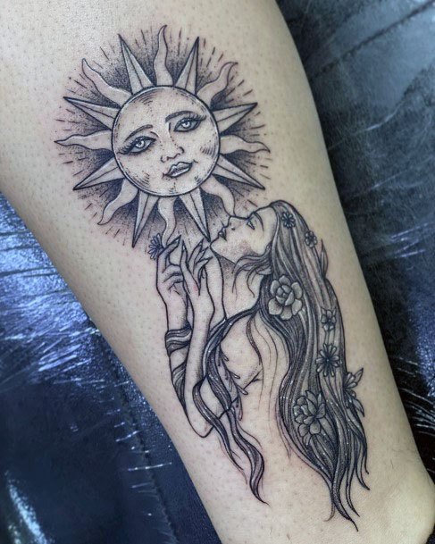 Long Haired Lady And Sun Tattoo For Women