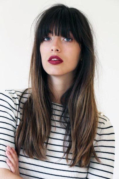 Long Hairstyle Dark To Medium Brown Color Long Face And Bangs