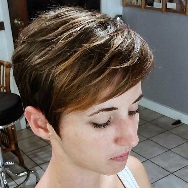 Long Layered Side Swept Chocolate Brown Highlighted Pixie Womens Hairstyle