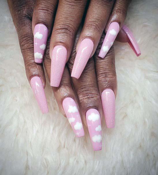 Long Light Pink Nails And White Clouds For Girls