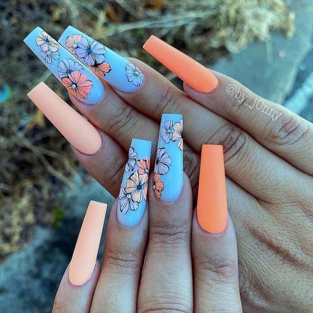 Long Matte Orange Florals On Blue Nails For Women