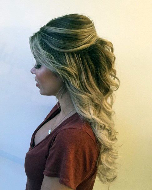 Long Medium Blonde With Partial Pull Back And Curls Bouffant Hairstyle Ideas