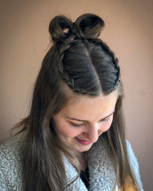 Long Medium Brown Hair Half Up With Small Double Dutch Braids Into Hair Bow