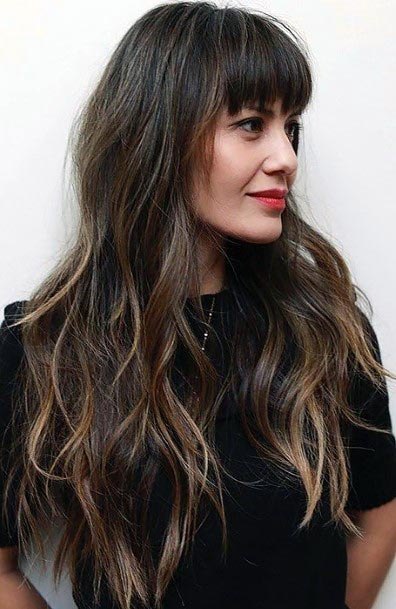 Long Middle Of The Back Length With Dark Brown Color And Bangs