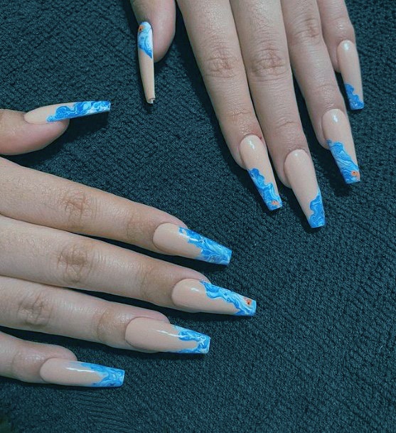 Long Nails Blue Water Tips Women