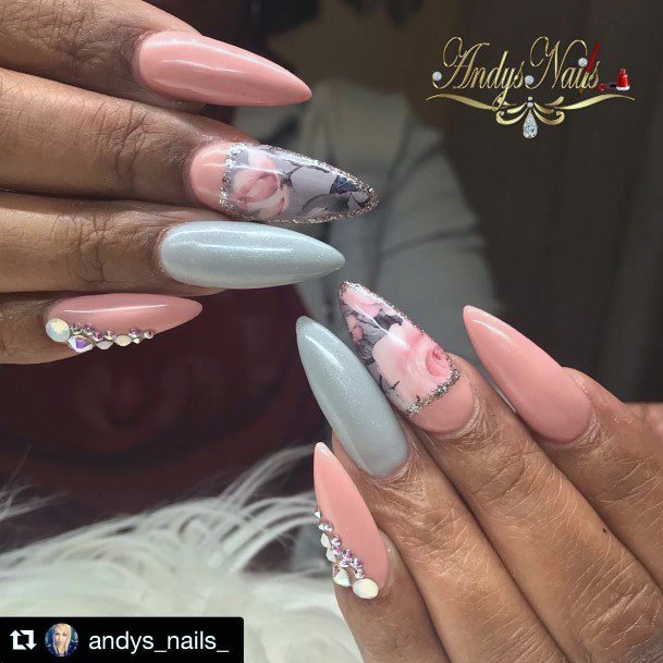 Long Nails Floral Art Pink And Grey For Women