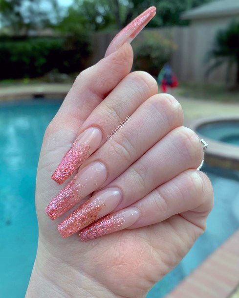 Long Nails With Glittering Pink Tips For Women