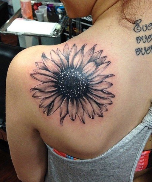 Long Petalled Sunflower Tattoo Womens Back