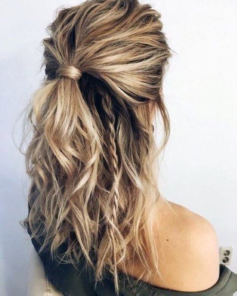 Long Sandy Blonde With Easy Waves Half Up With Small Braid And Half Ponytail