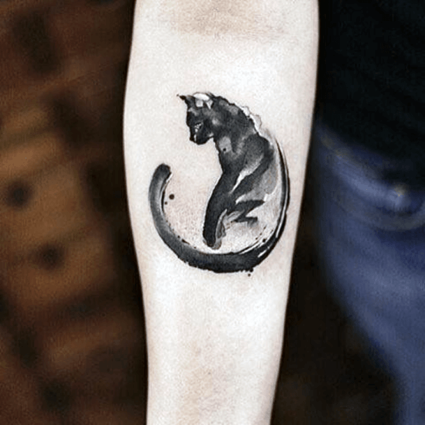 Long Spiral Tailed Cat Tattoo Womens Hands