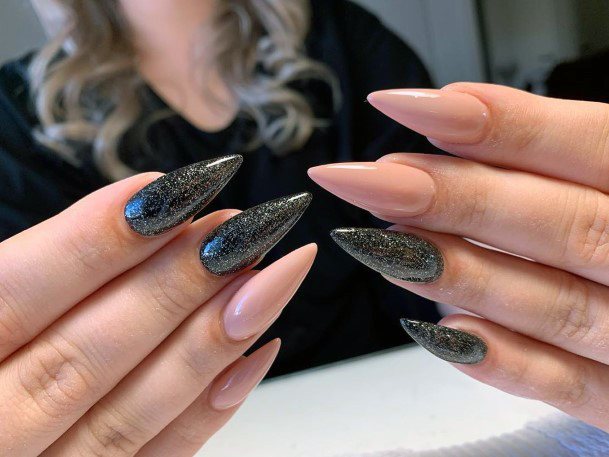 Long Stiletto Nude Black Sparkly Nails Ideas For Women