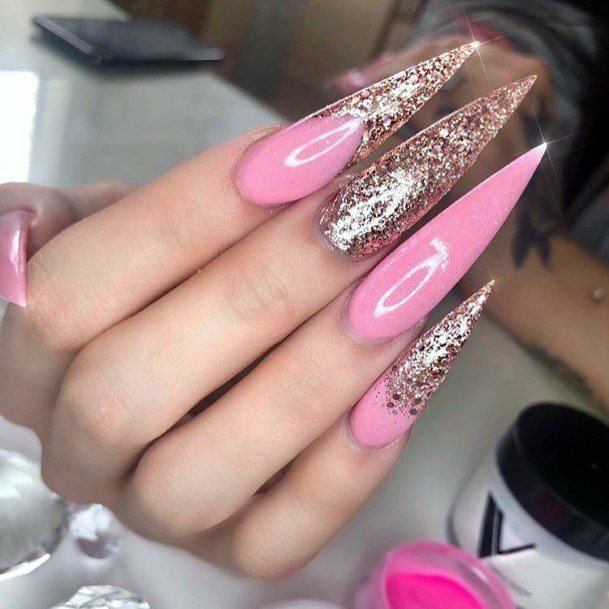 Long Stiletto Pink Nails With Glitter Bithday Design