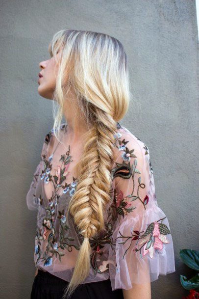 Long Thick Ashy Blonde Autumn With Dark Roots Side Fishtail Braid