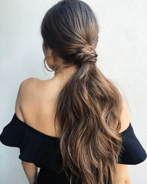 Long Thick Medium Brown Hair Pulled Into Ponytail With Wrapped Hair