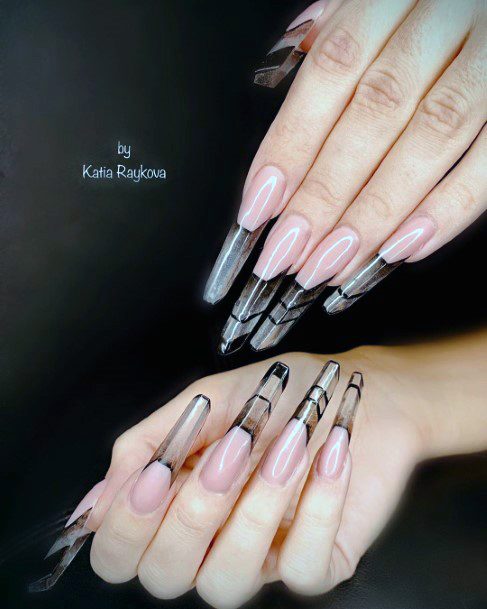 Long Transparent Nails With Black Tips For Women