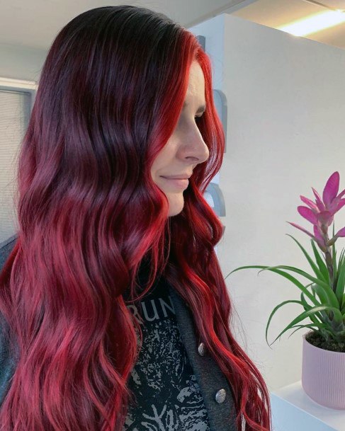 Long Wavy Black Hair With Dark Red Coloring Throughout