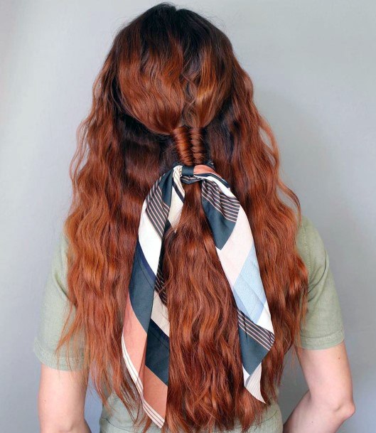 Long Wavy Golden Cooper Brown Hair With Half Pullback Fishtail Braid