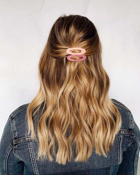 Long Wavy Honey Blonde With Half Up Pull Back Into Two Barrettes