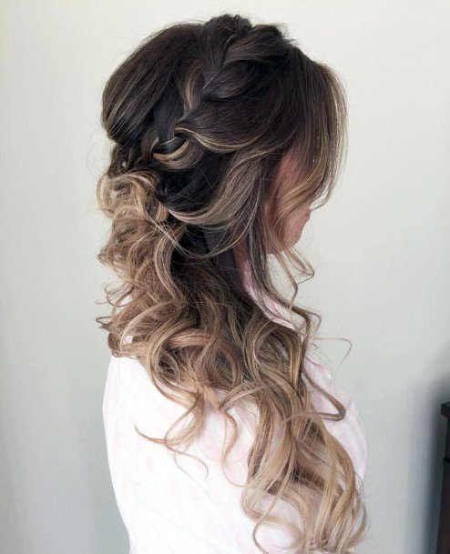 Long Wavy Large Curls With Loose Side Braid Into Half Up Ponytail
