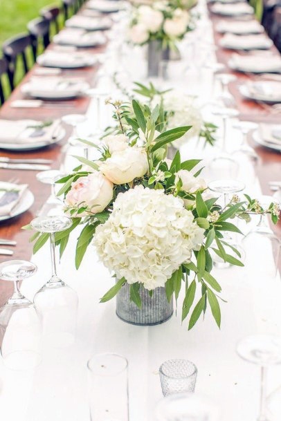 Long Wedding Table Decor With White Hydrangea Flowers