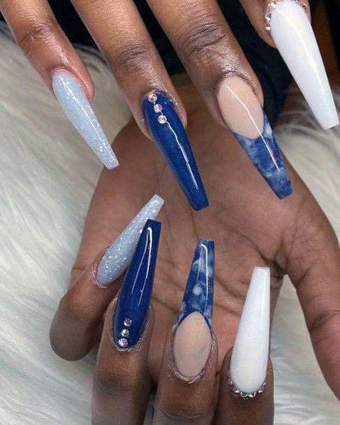 Long White And Dark Blue Nails With Crystals For Women