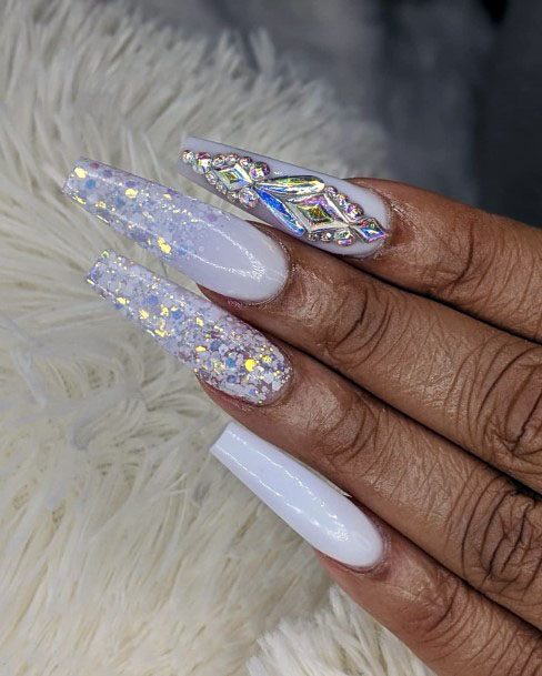 Long White Gel Nails With Glamourous Sparkles Women