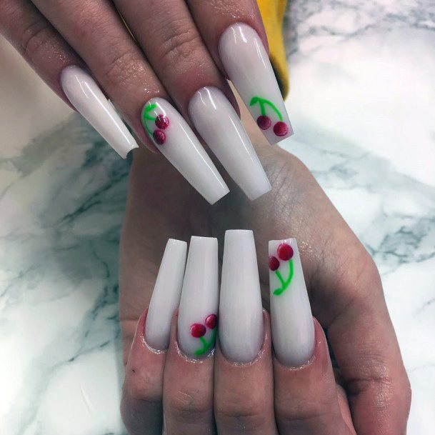 Long White Nails With Cherry Design For Women