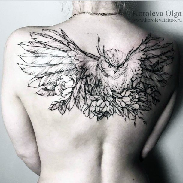 Long Winged Owl And Floral Tattoo Women