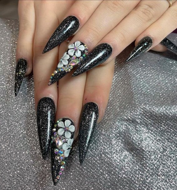 Long Witch Black Nails 3d Flowers Women