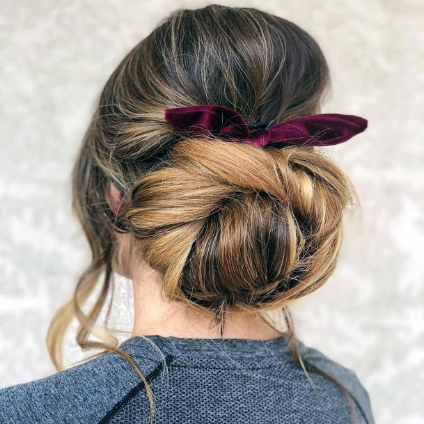 Loose Bun With Ponytail Wrap And Raspberry Tie Womens Updo Hairstyles