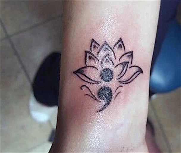 Lotus And Semicolon Tattoo Womens Legs