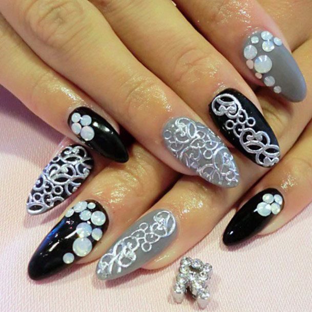 Loud Jewelled Silver Black Nails Women