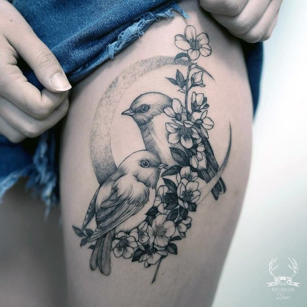 Love Birds On Moon With Flowers Tattoo Womens Thighs