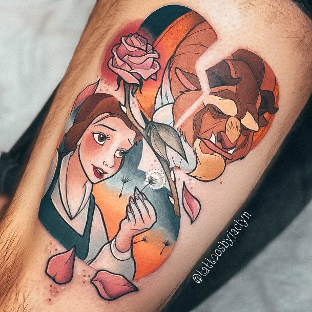 Love Heart Colorful Thigh Creative Beauty And The Beast Tattoo Designs For Women