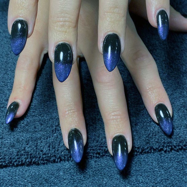 Lovely Almond Style Black And Purple Faded Glitter Nail Design