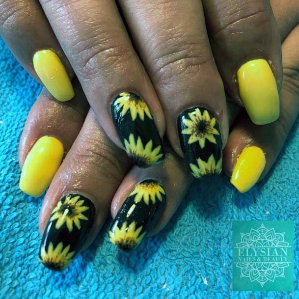 Lovely Black And Bright Yellow Nails With Flower Art For Women