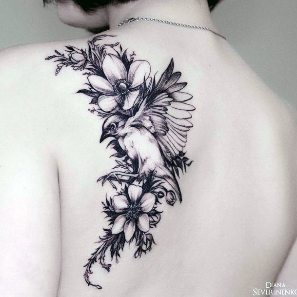 Lovely Black Bird Tattoo Womens Back