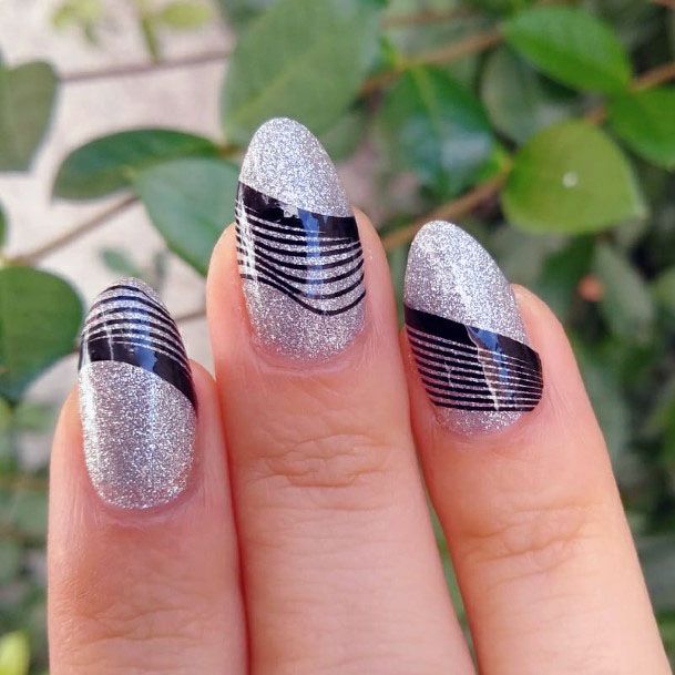 Lovely Black Curved Art On Silver Nails For Women