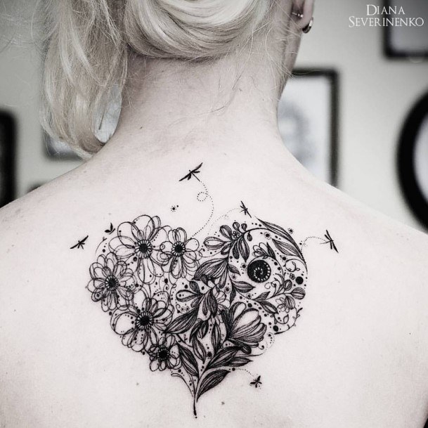 Lovely Black Garden In Heart Tattoo Womens Back