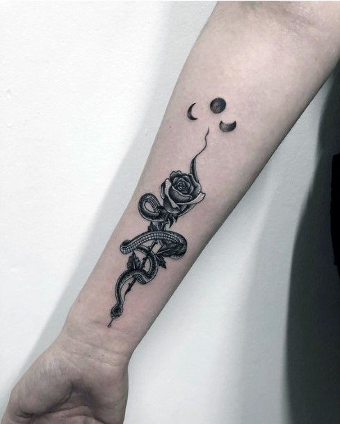 Lovely Black Rose And Snake Tattoo With Moon Phases Women